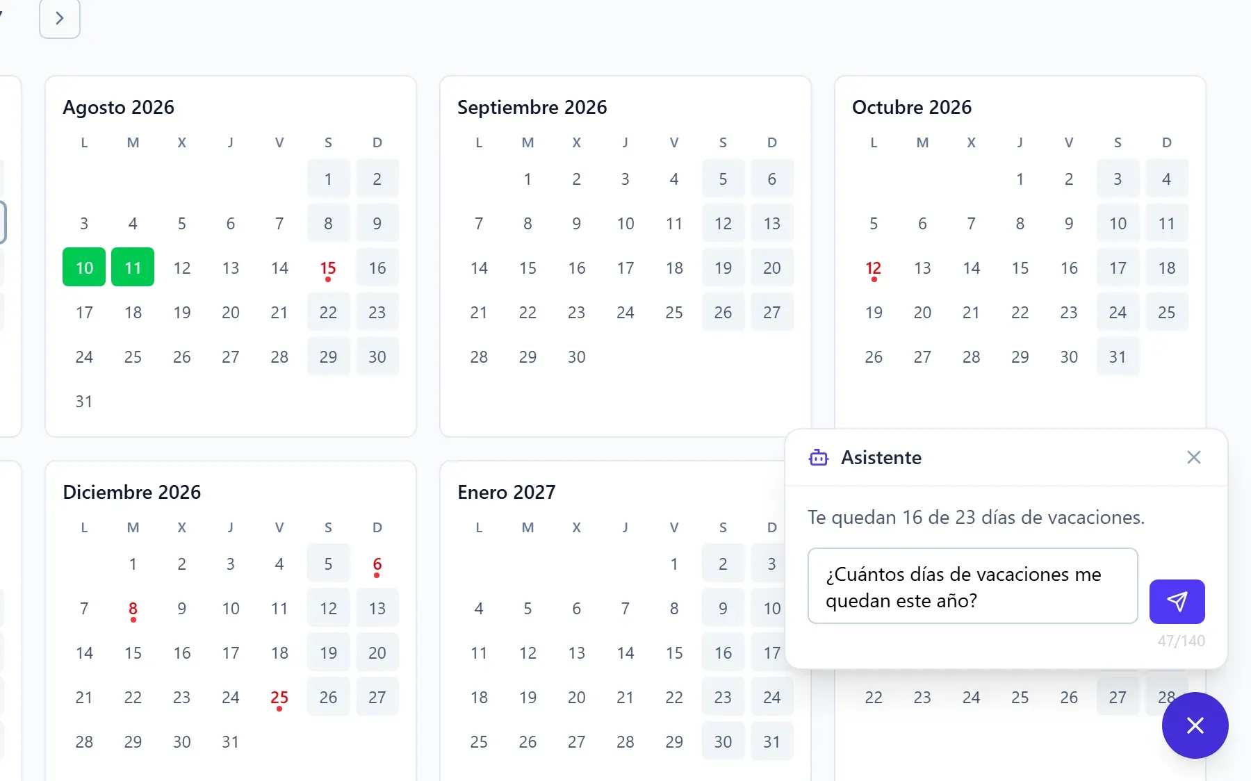 Asistente de DutyBeat respondiendo cuántos días de vacaciones quedan, sobre el calendario