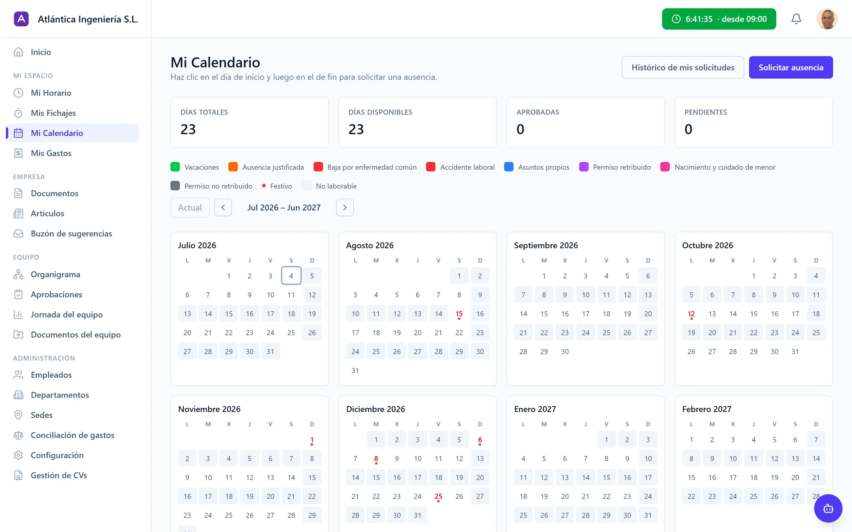 Calendario anual de DutyBeat con las ausencias y los festivos por sede