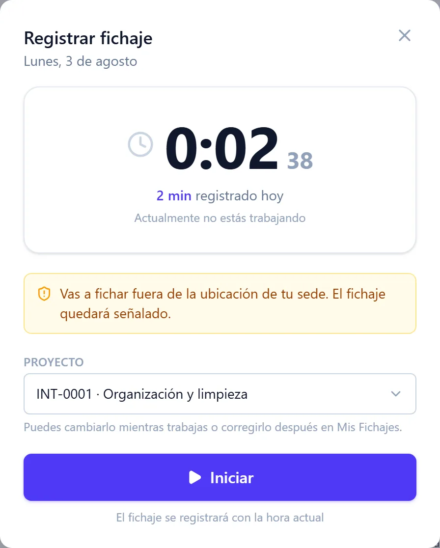 Aviso de fichaje fuera de la ubicación de la sede en la ventana de fichaje