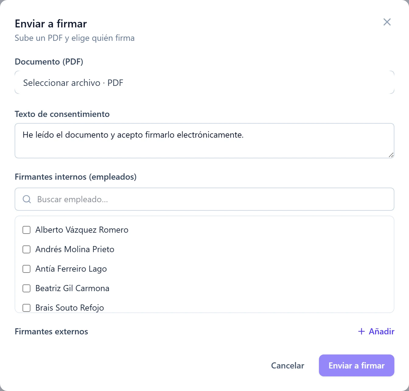 Enviar a firmar en DutyBeat: subir el PDF, texto de consentimiento y elegir firmantes