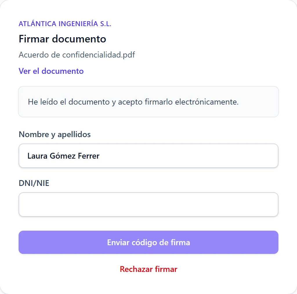 Página pública de firma de DutyBeat: un firmante externo revisa el documento y firma