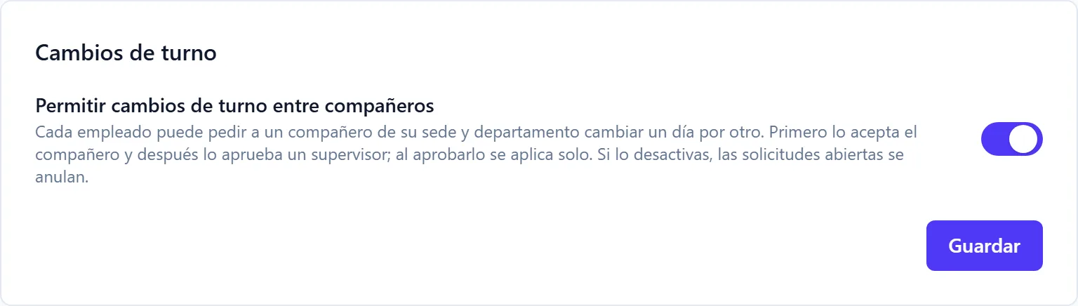 El ajuste «Permitir cambios de turno entre compañeros» en Configuración