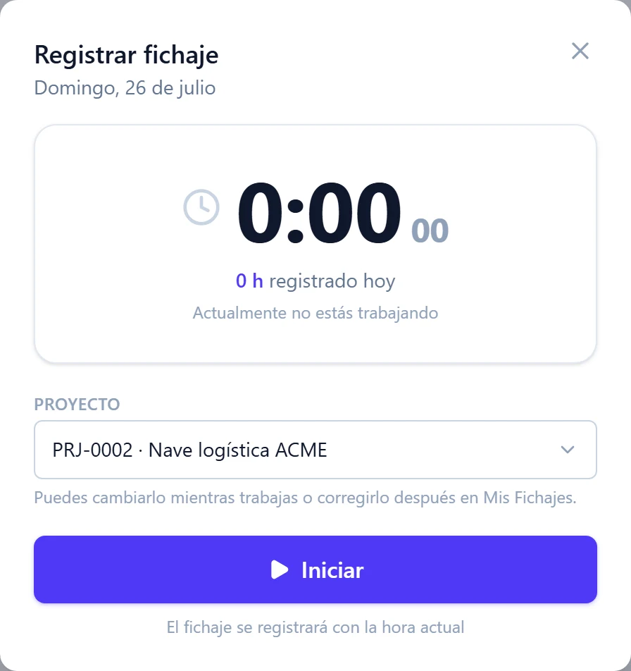 Modal de fichaje de DutyBeat con el selector de proyecto para imputar las horas automáticamente