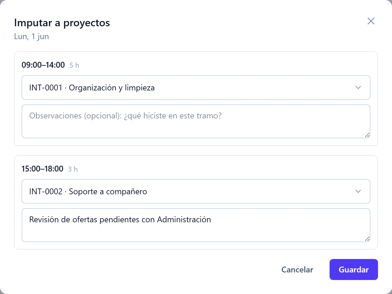 Editor de imputación de DutyBeat: asignar cada tramo de la jornada a un proyecto