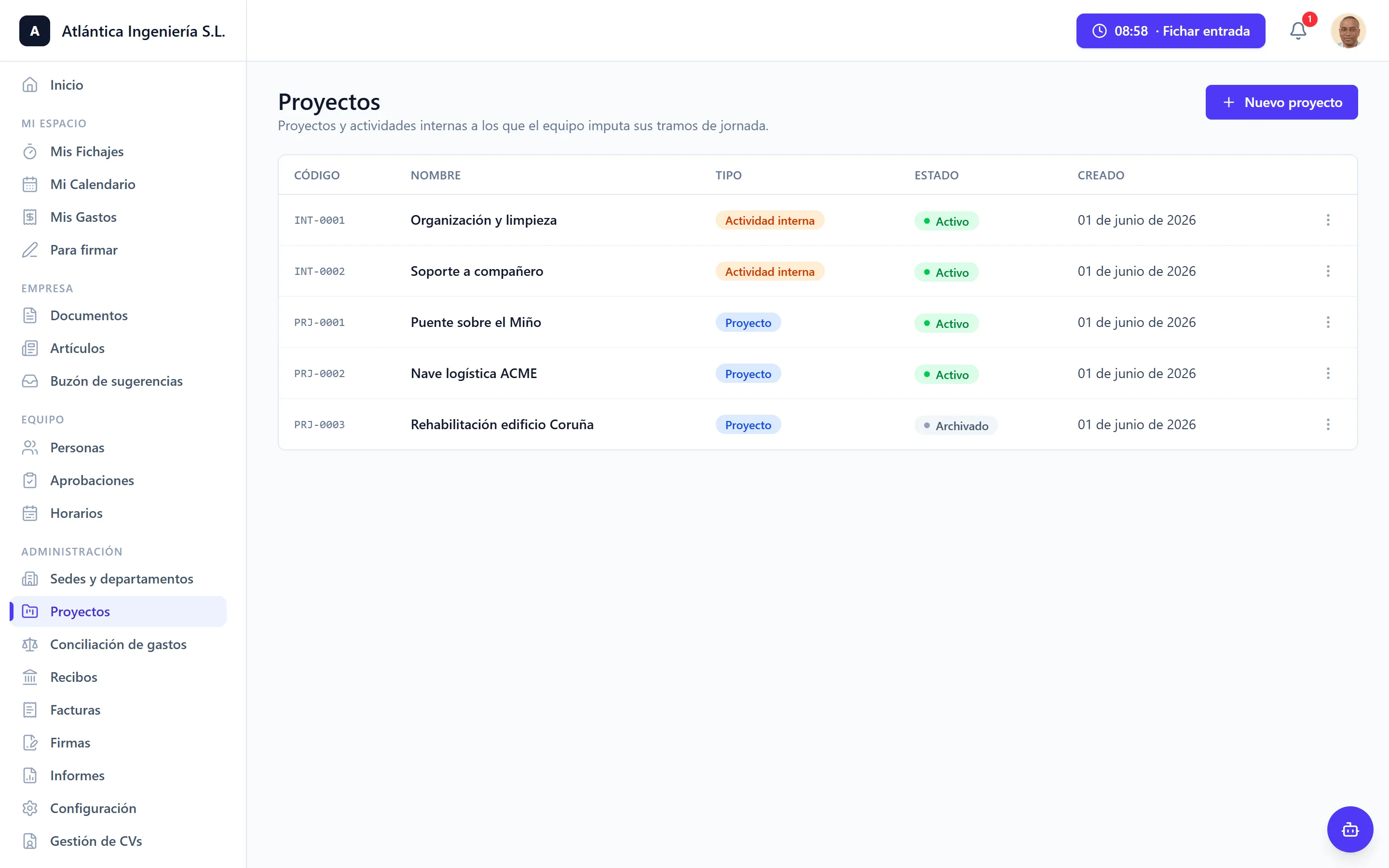 Lista de proyectos de DutyBeat con código, tipo, estado y fecha
